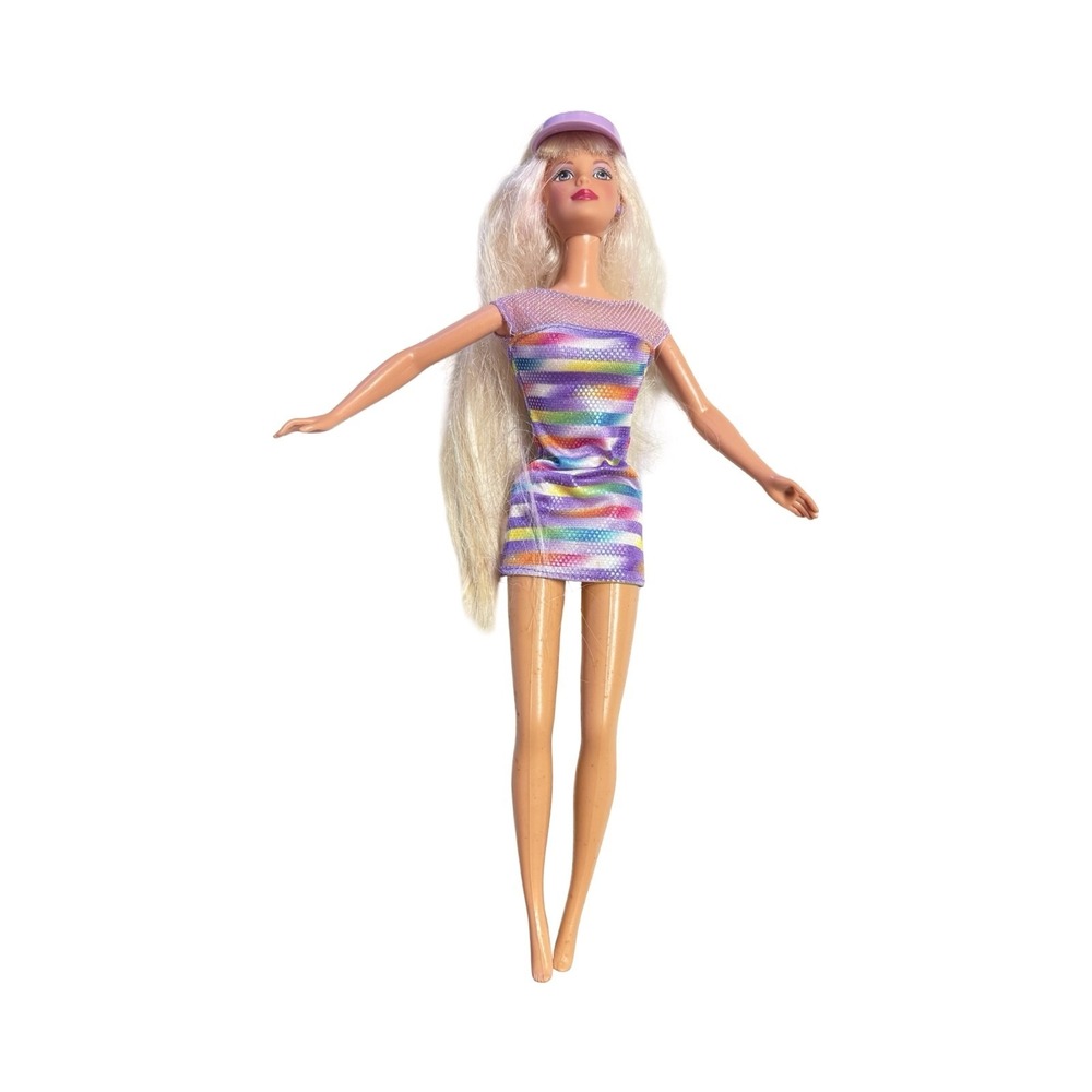 Barbie Bead Blast Doll 1999 Blonde Hair Blue Eyes Rainbow Dress Purple Visor